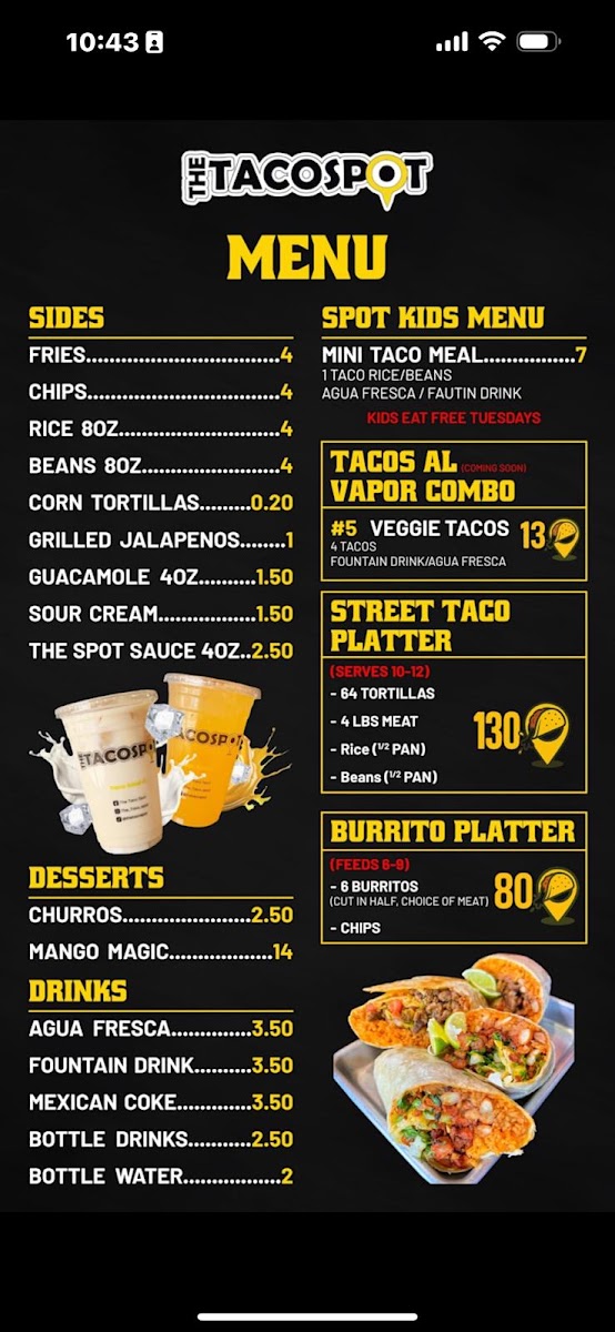 The Taco Spot - Kissimmee menu board