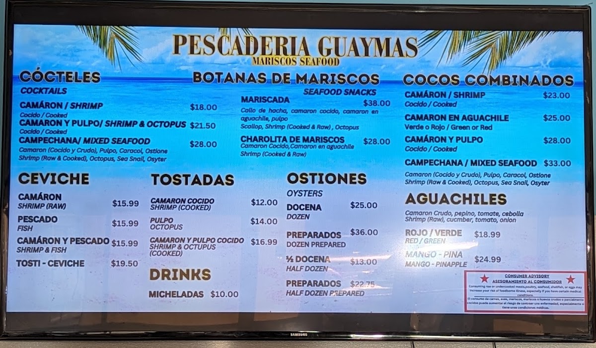 Pescaderia Guaymas II (Mariscos Seafood) menu board