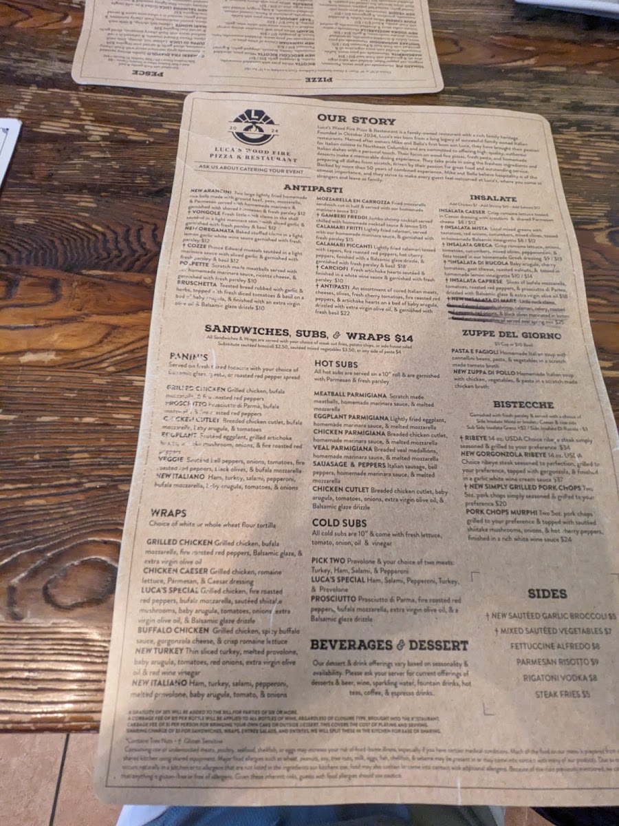 Luca's Wood Fire Pizza & Restaurant menu board