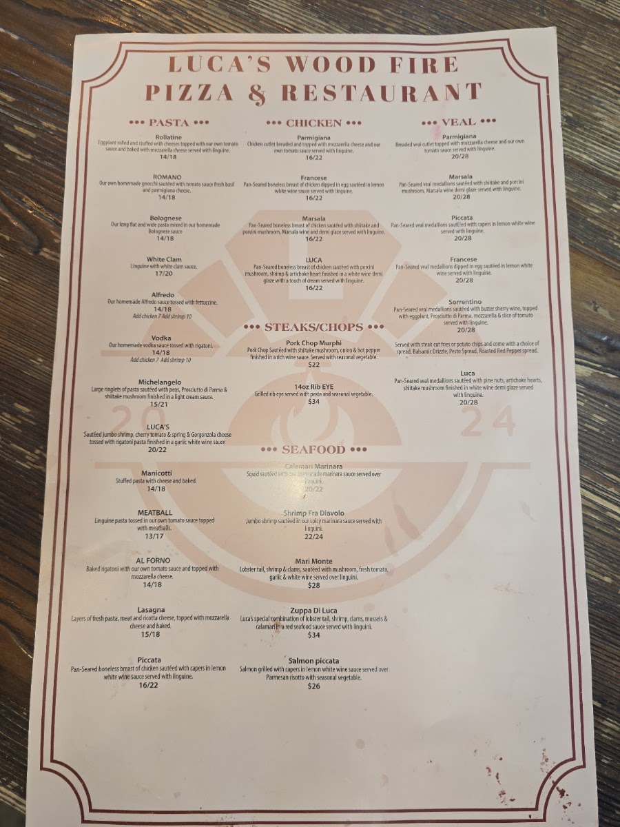 Luca's Wood Fire Pizza & Restaurant menu board