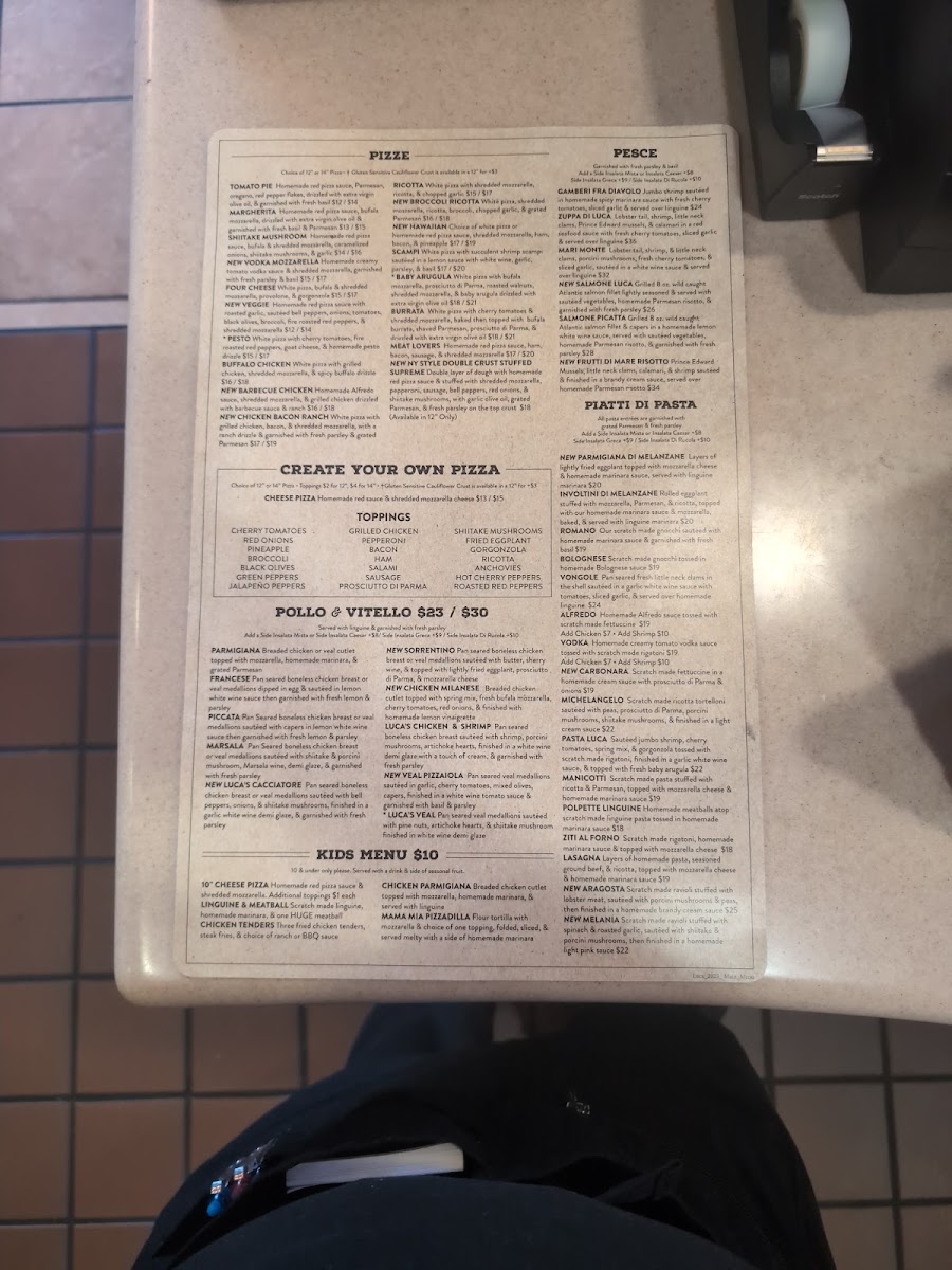 Luca's Wood Fire Pizza & Restaurant menu board