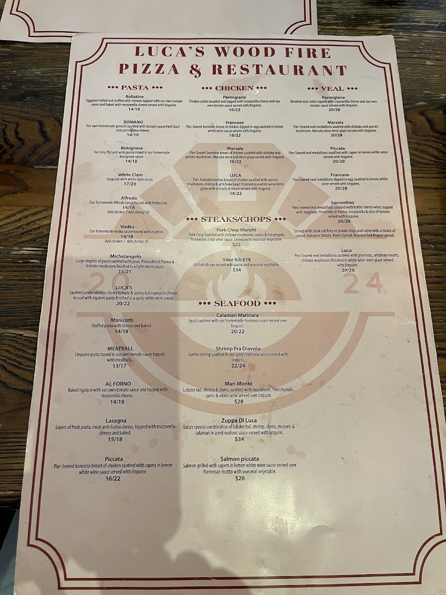 Luca's Wood Fire Pizza & Restaurant menu board