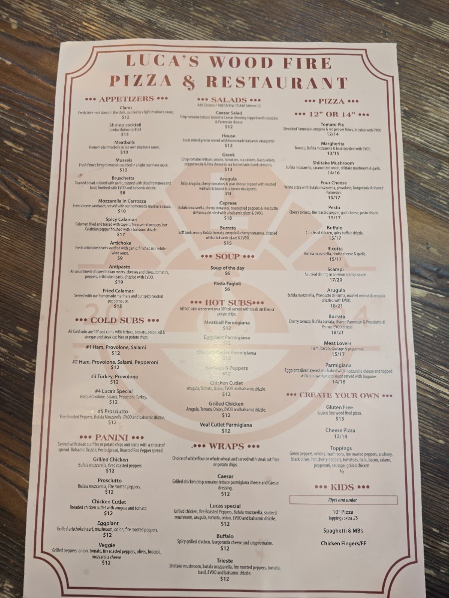 Luca's Wood Fire Pizza & Restaurant menu board