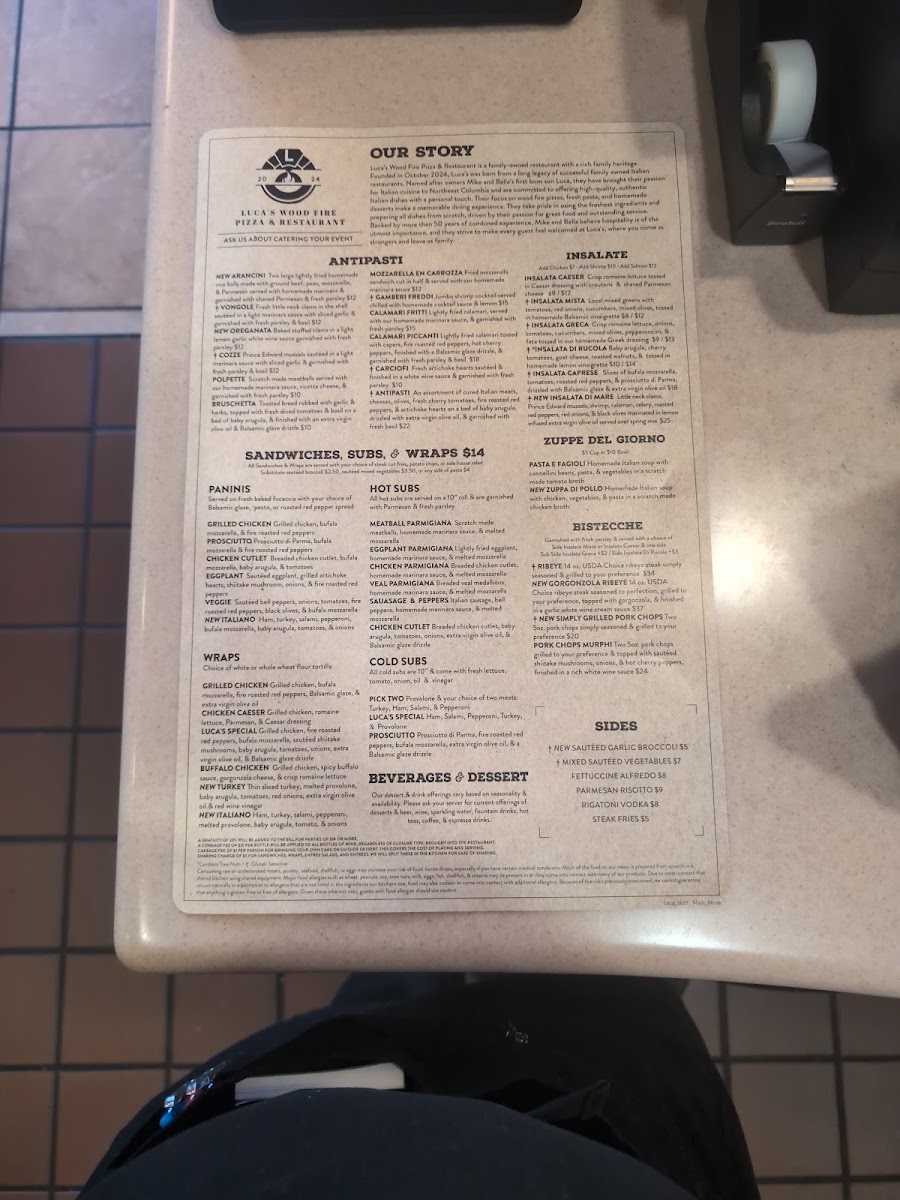 Luca's Wood Fire Pizza & Restaurant menu board