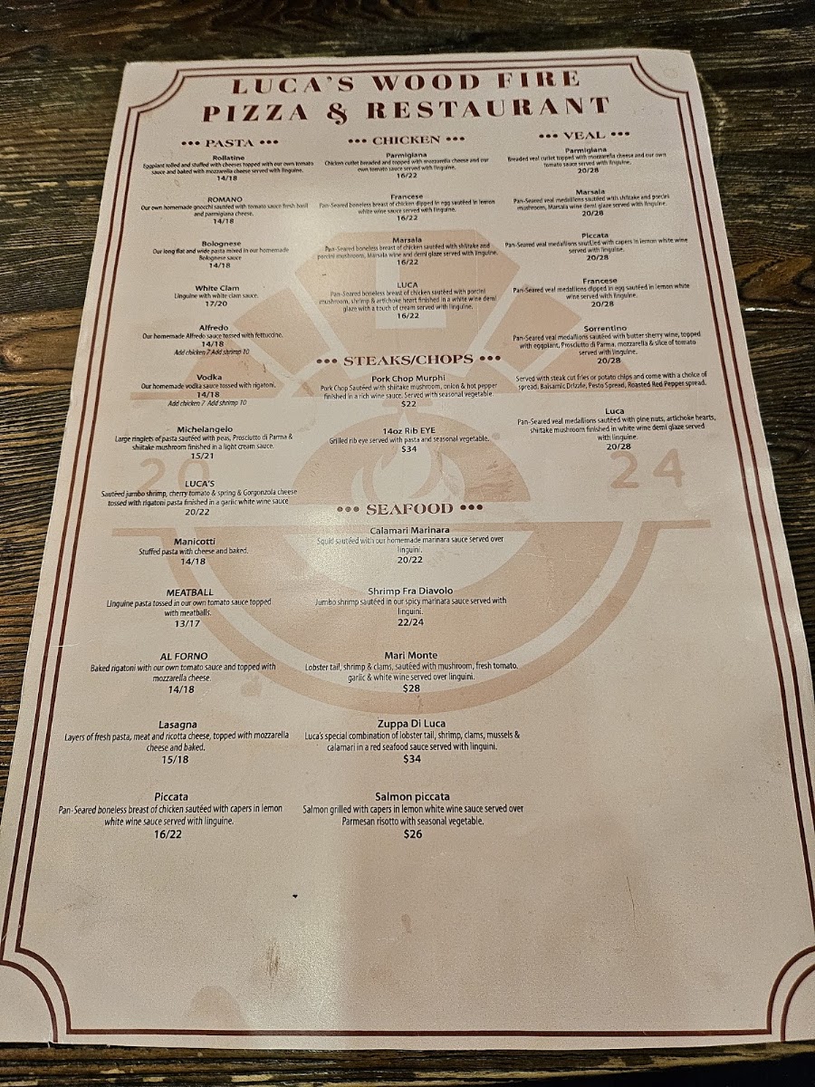 Luca's Wood Fire Pizza & Restaurant menu board