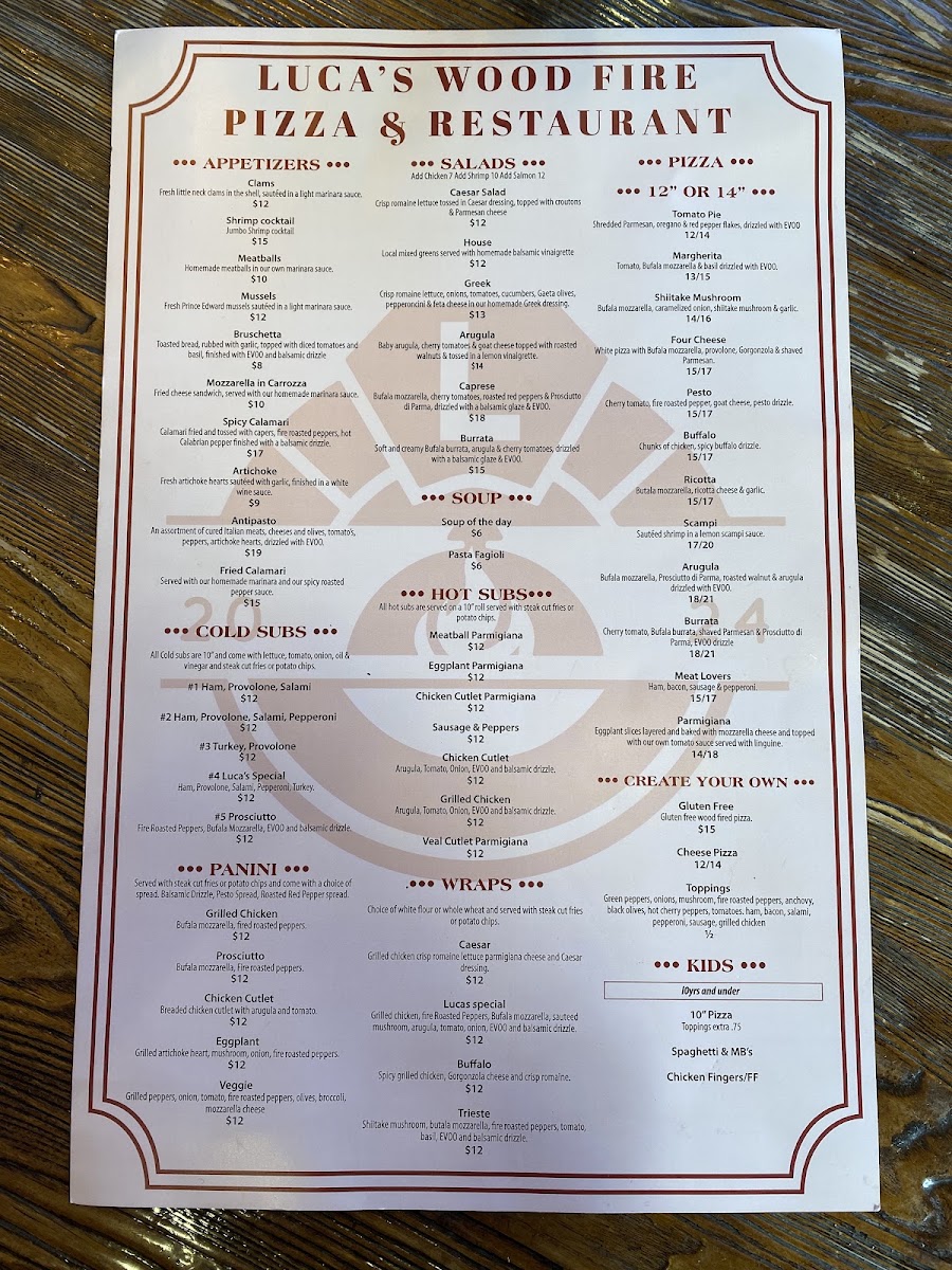 Luca's Wood Fire Pizza & Restaurant menu board