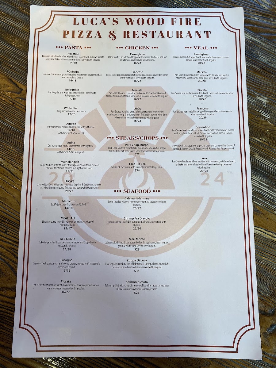 Luca's Wood Fire Pizza & Restaurant menu board