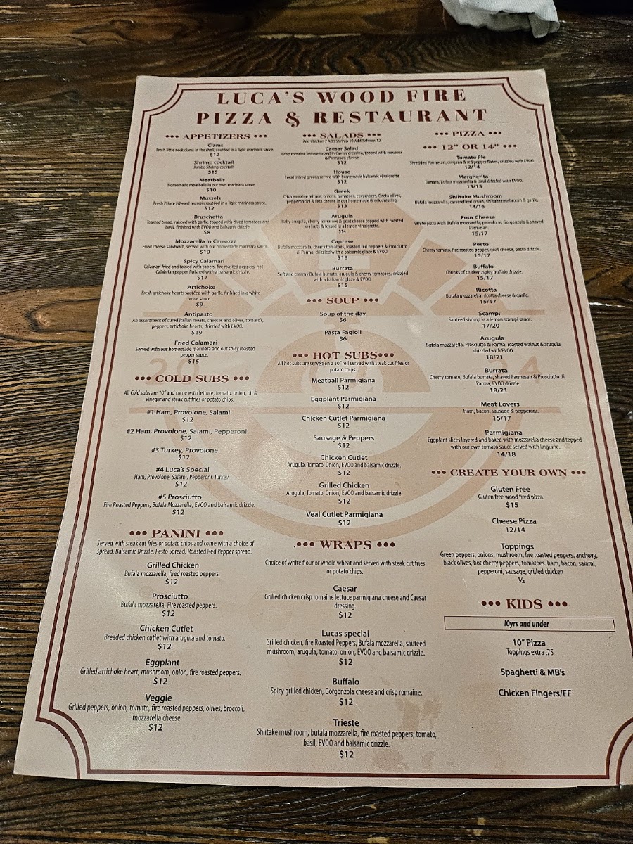 Luca's Wood Fire Pizza & Restaurant menu board