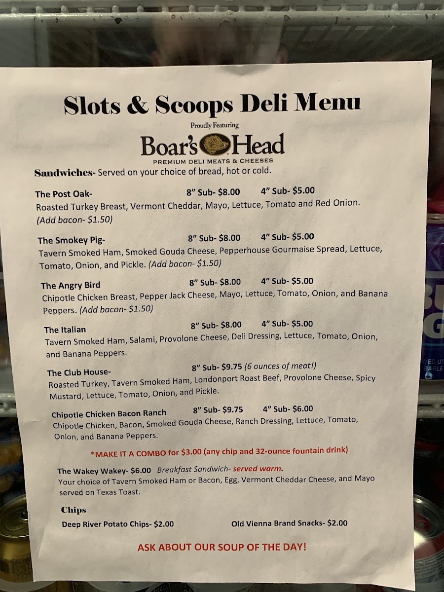 Slots and Scoops menu board