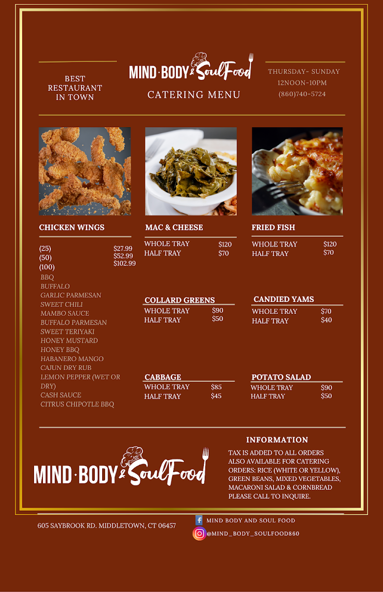 Mind, Body & Soulfood menu board
