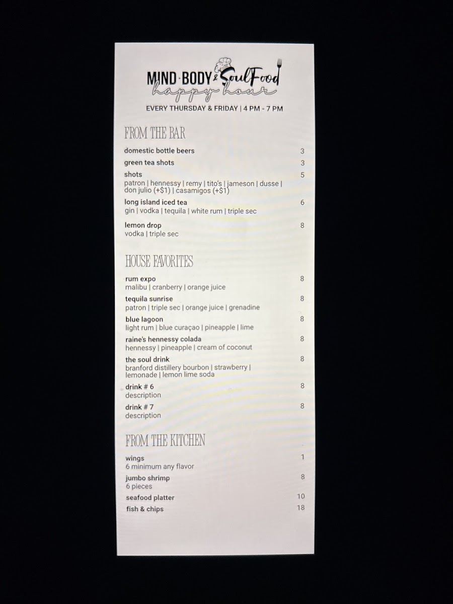 Mind, Body & Soulfood menu board