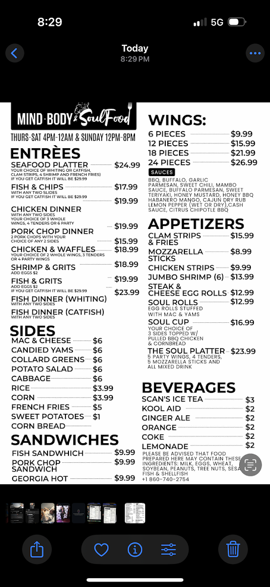 Mind, Body & Soulfood menu board