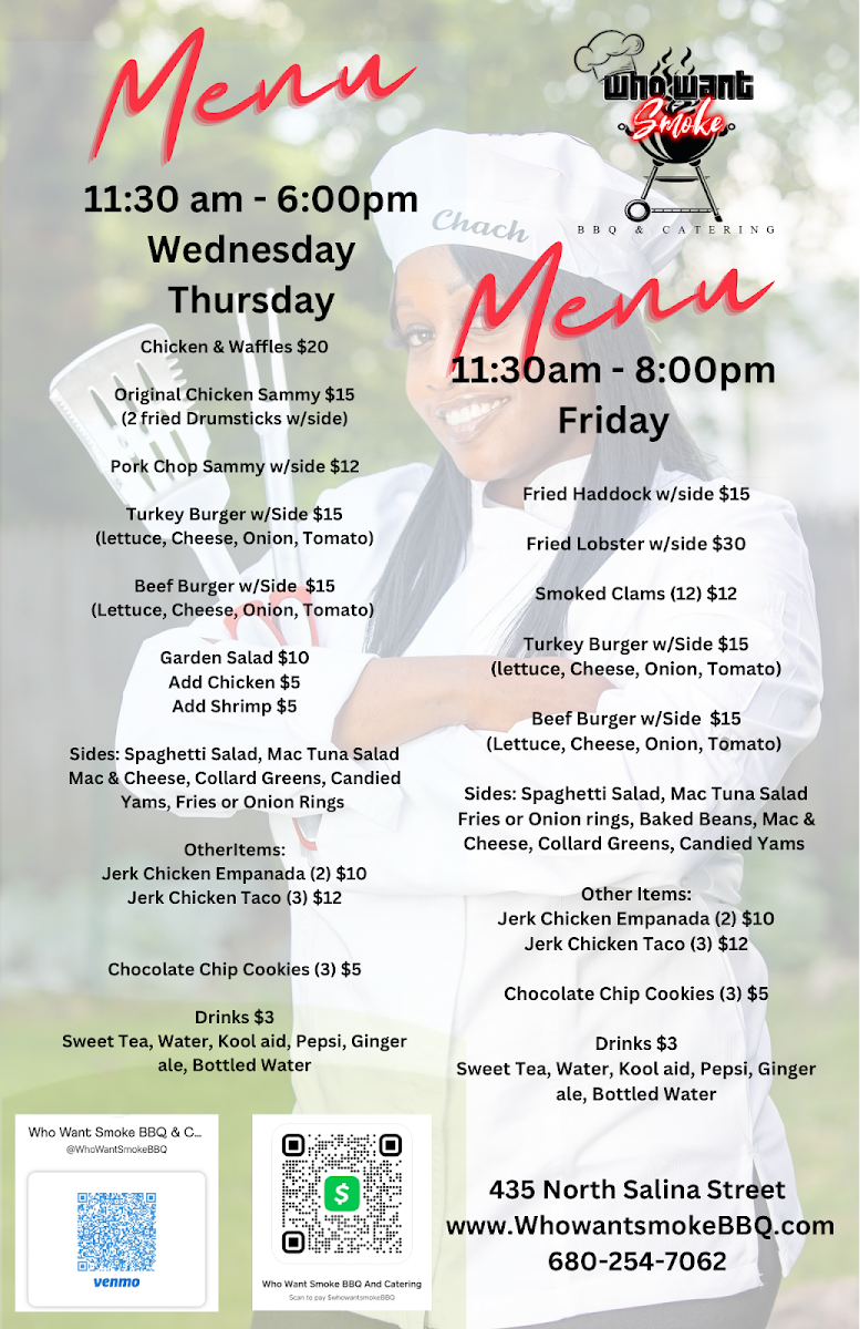 Who Want Smoke BBQ & Catering, LLc menu board