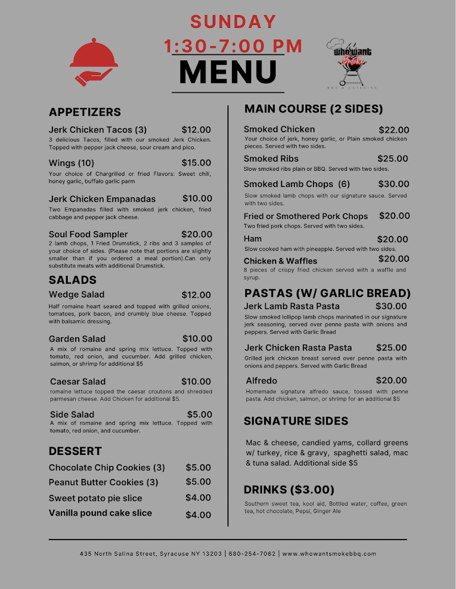 Who Want Smoke BBQ & Catering, LLc menu board