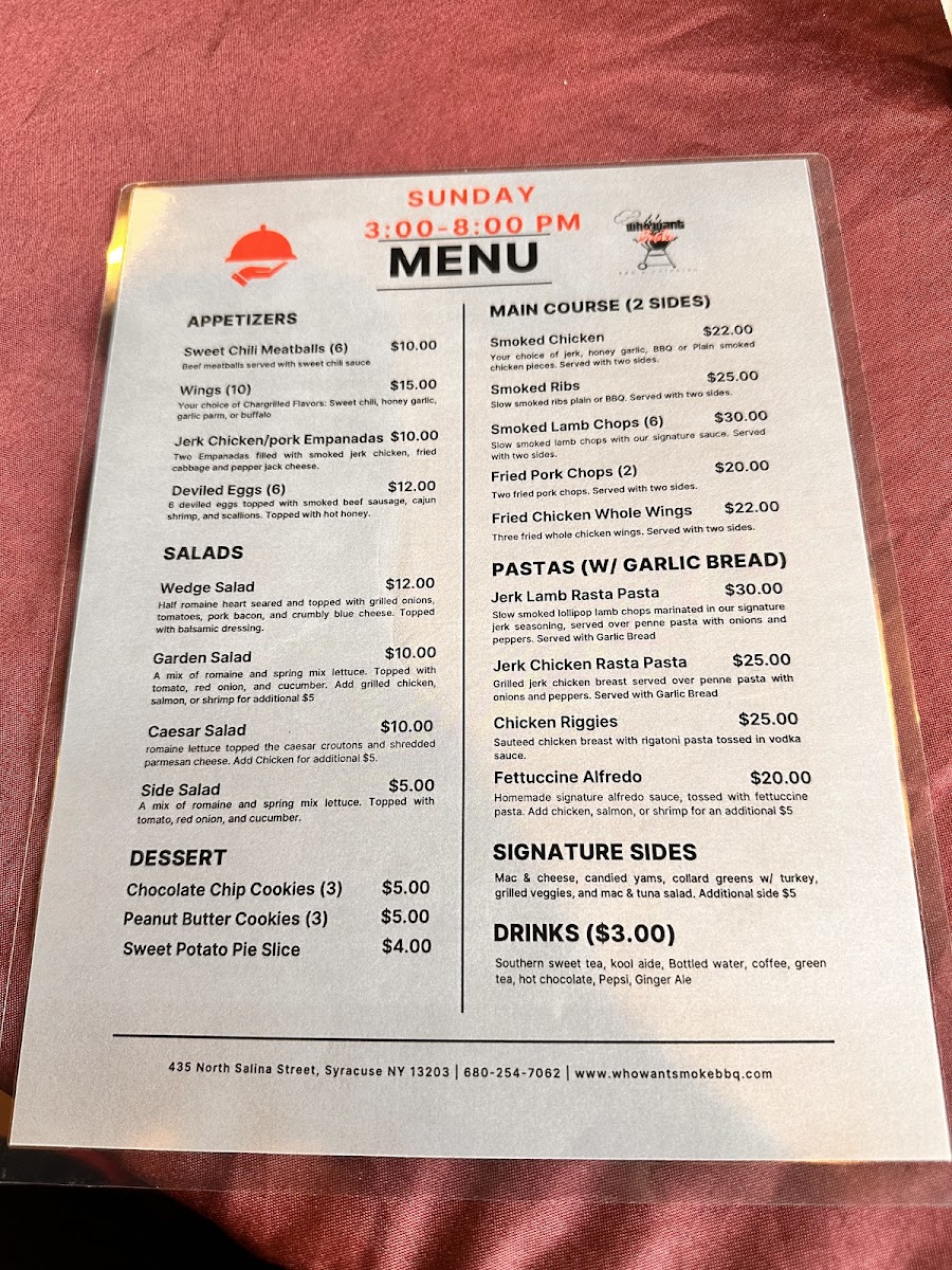 Who Want Smoke BBQ & Catering, LLc menu board