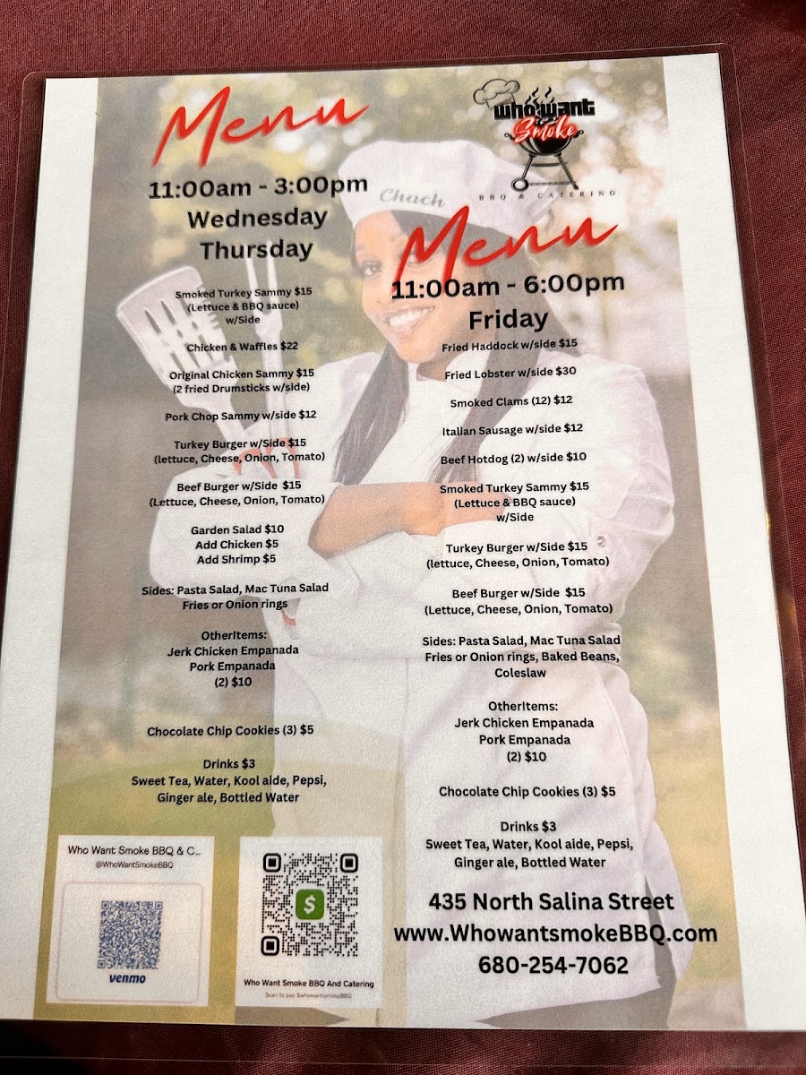 Who Want Smoke BBQ & Catering, LLc menu board
