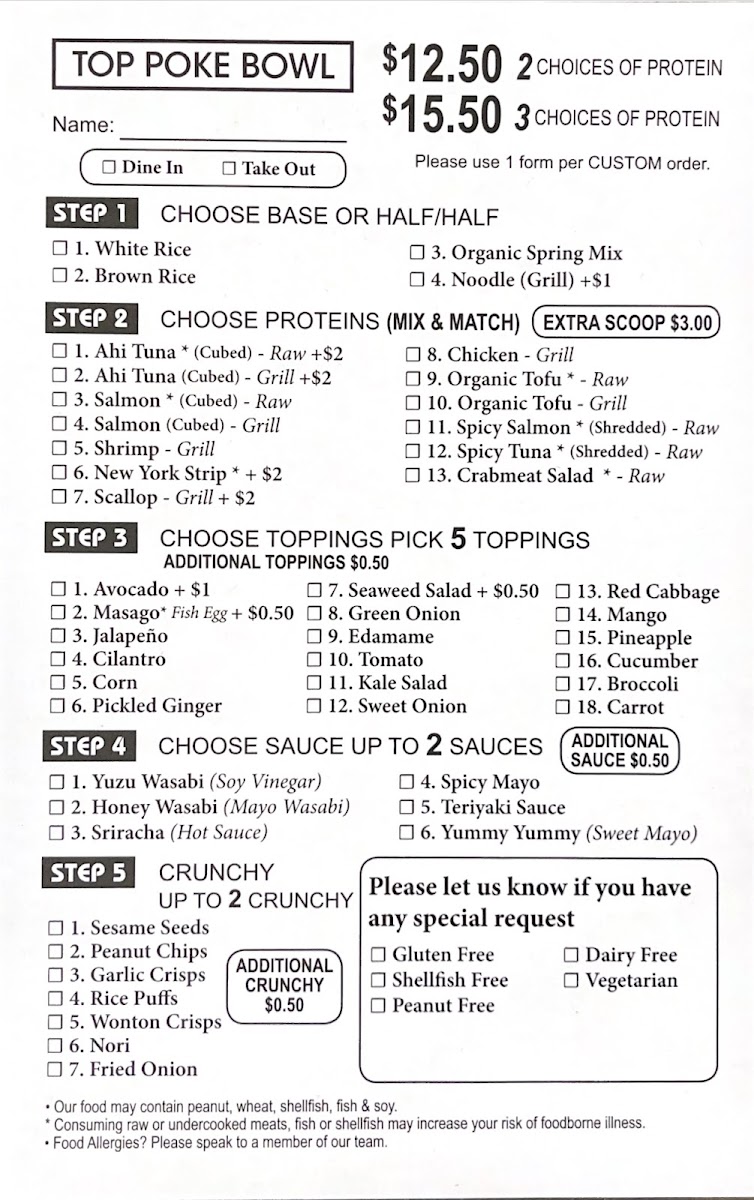 T-op Poke Bowl & Bubble Tea menu board
