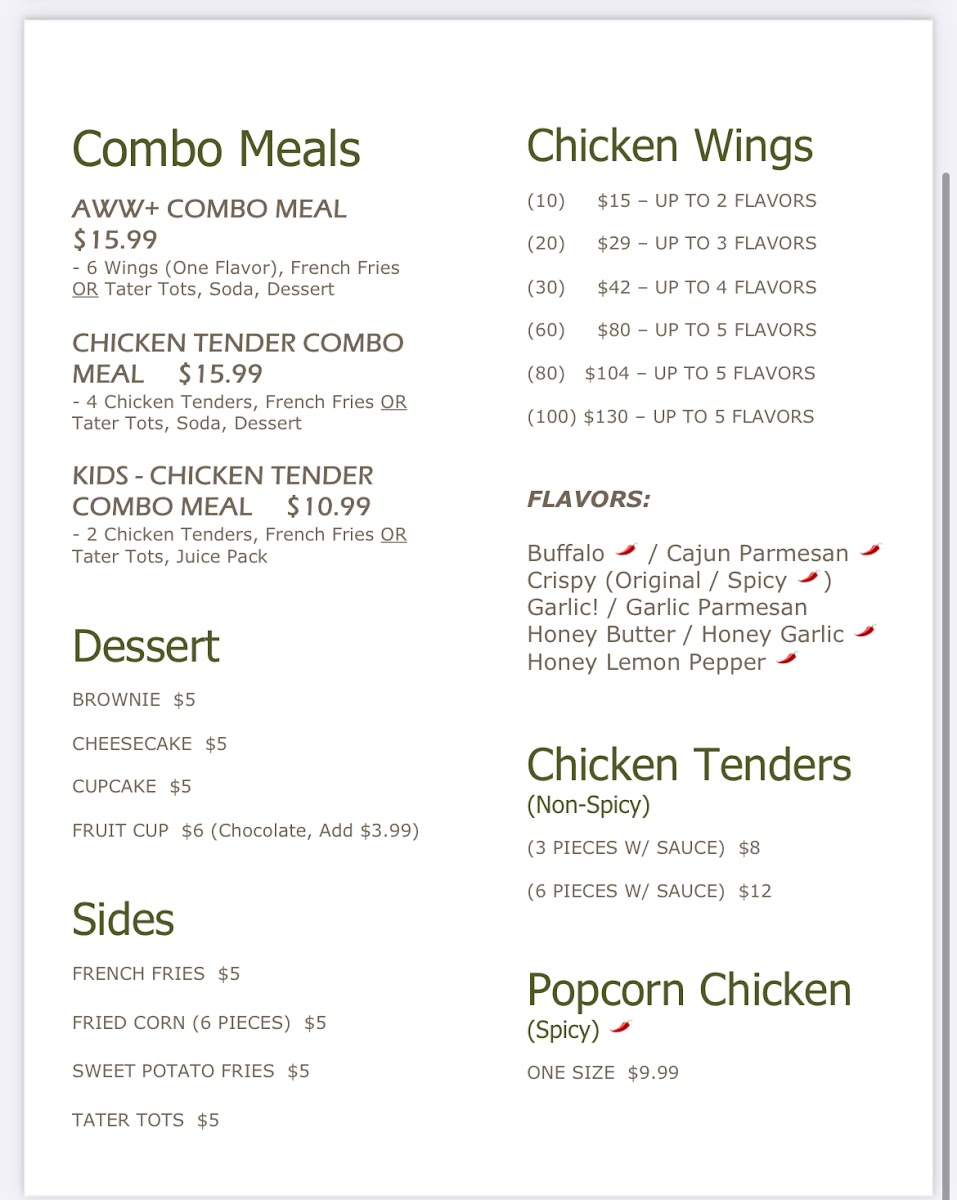 Adrienne's Wild Wings+ menu board