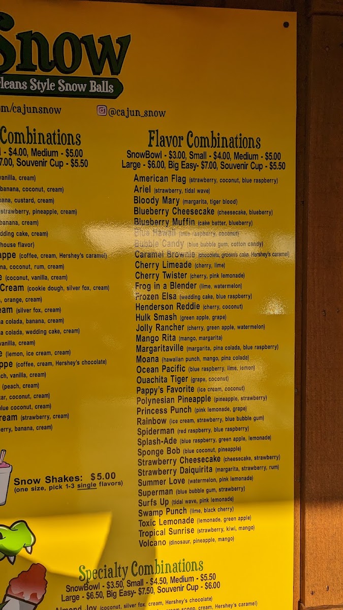 Cajun Snow Shaved Ice menu board