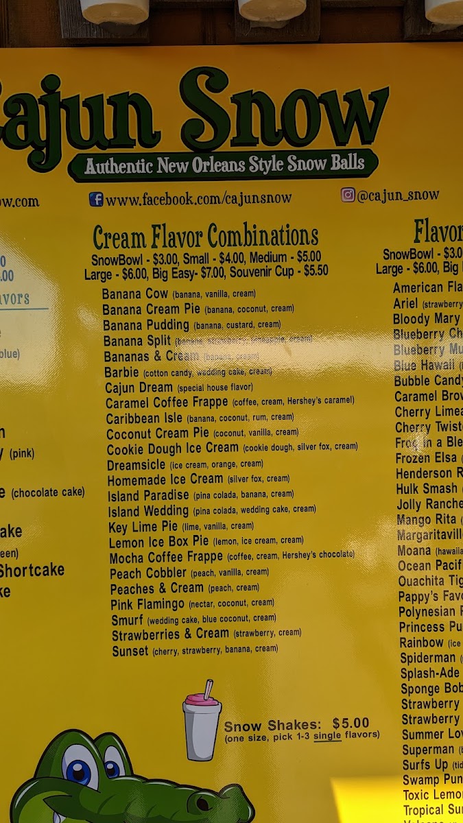 Cajun Snow Shaved Ice menu board