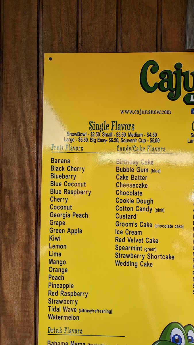 Cajun Snow Shaved Ice menu board