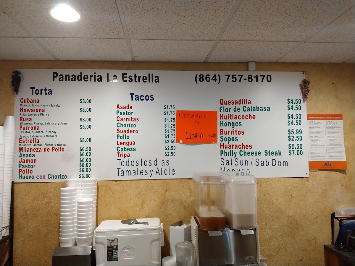 Panaderia La Estrella menu board