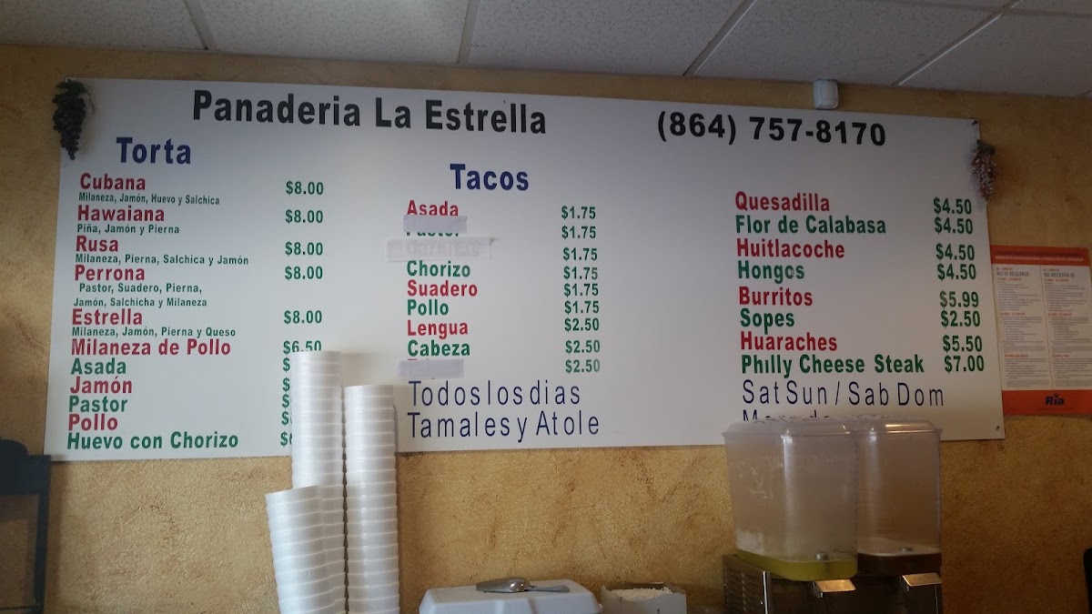 Panaderia La Estrella menu board
