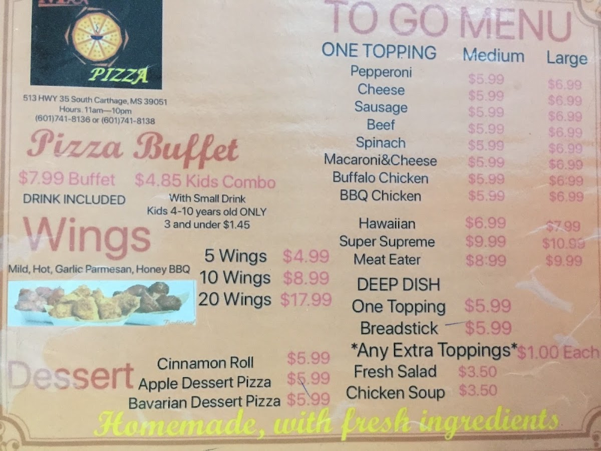 MA Pizza menu board