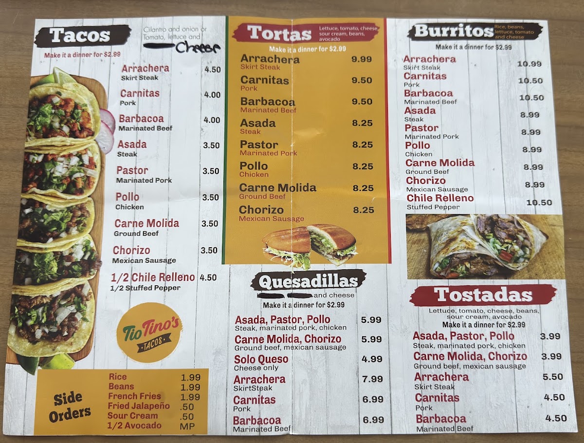 Tio Tino's Tacos menu board