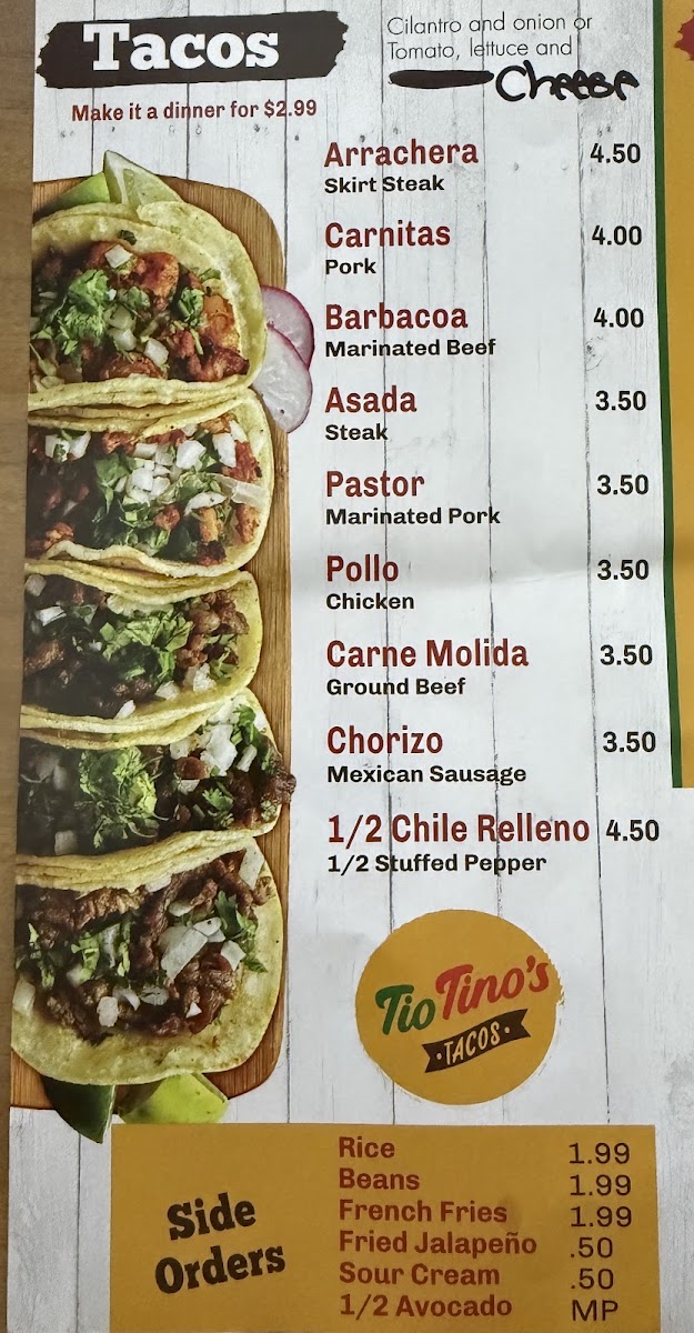 Tio Tino's Tacos menu board