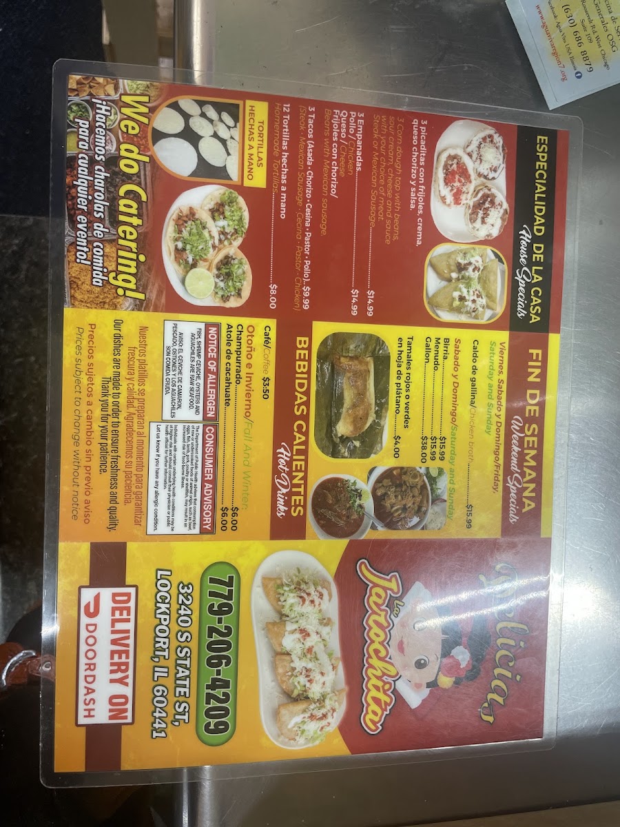 Delicias la jarochita menu board