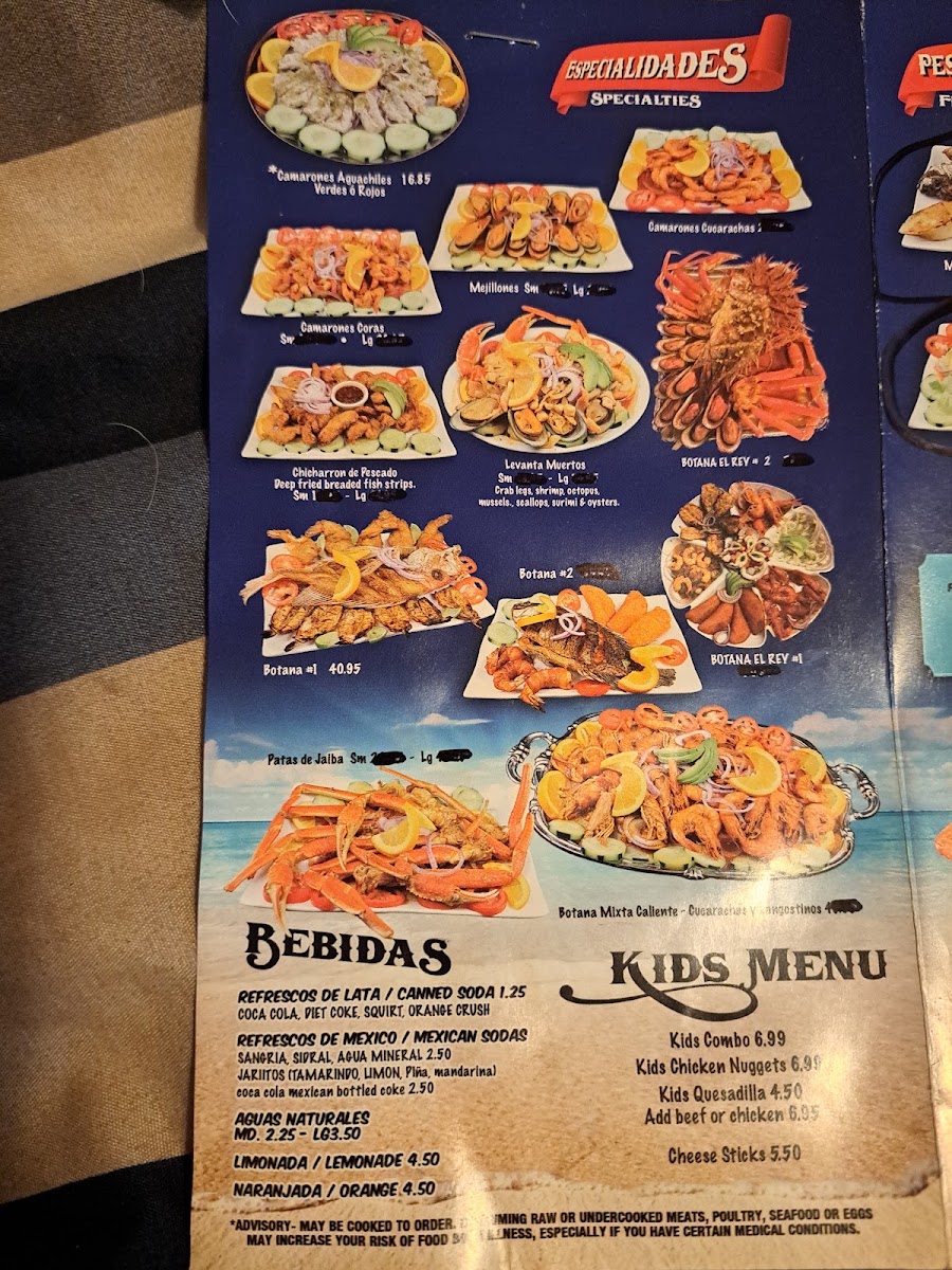 El Rey Del Mar Marisqueria menu board