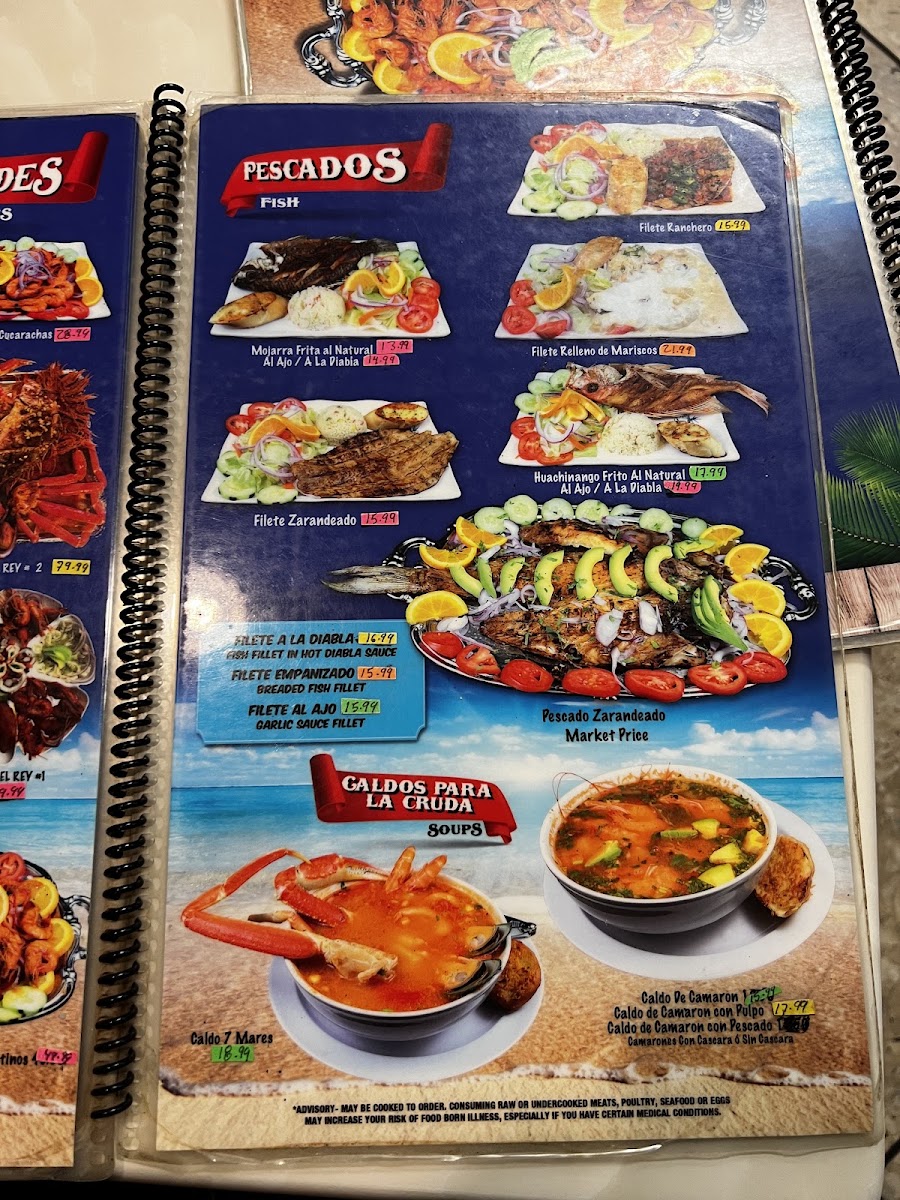 El Rey Del Mar Marisqueria menu board