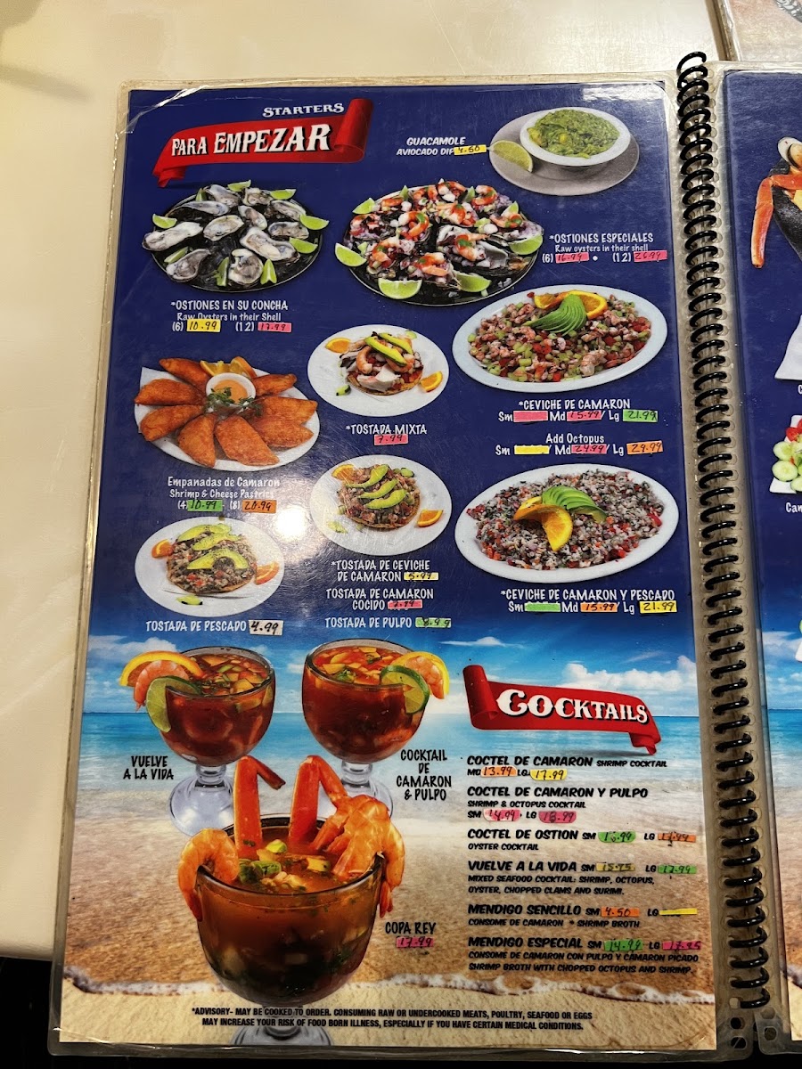 El Rey Del Mar Marisqueria menu board