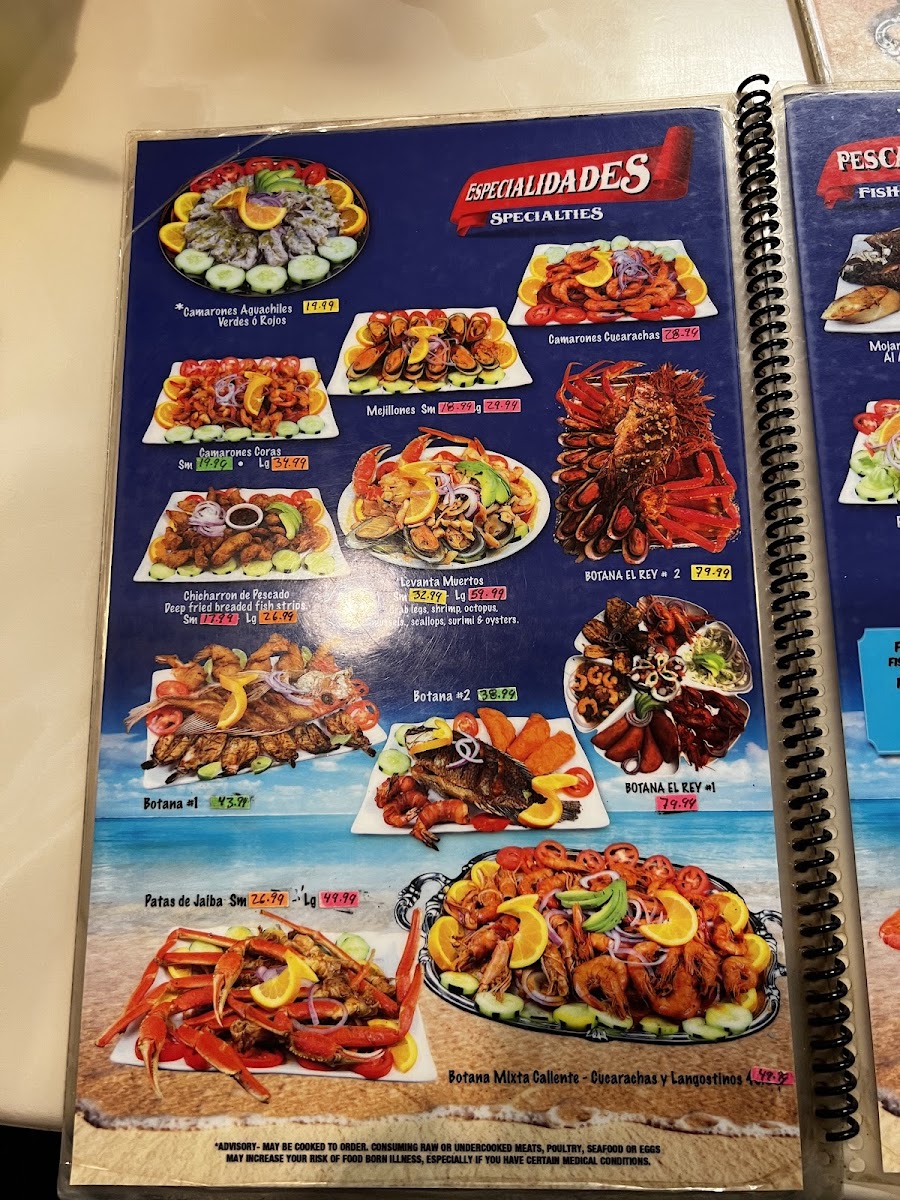 El Rey Del Mar Marisqueria menu board