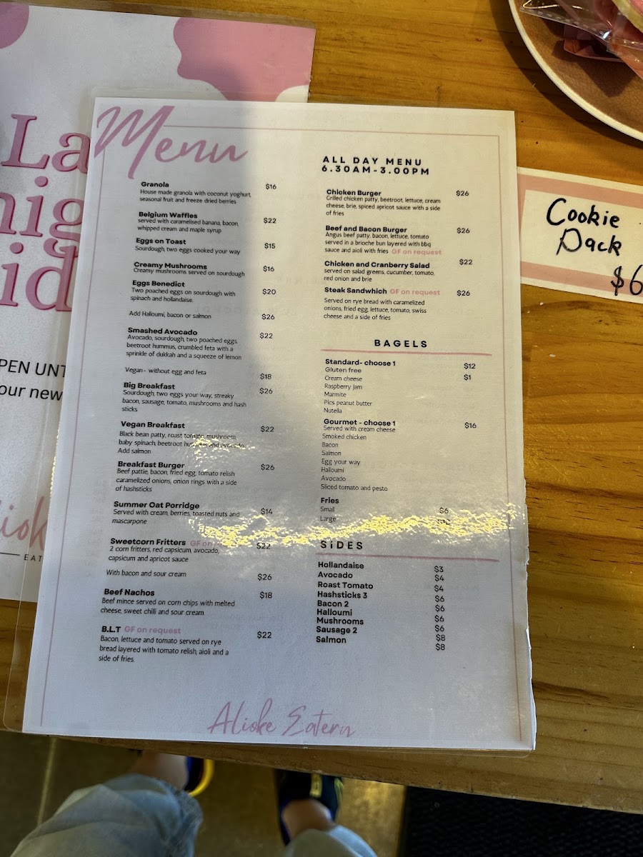 Alioke Eatery menu board