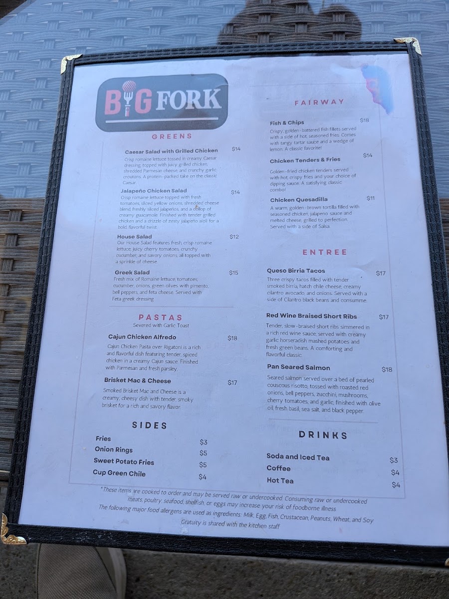 BIG FORK at Legacy Ridge menu board