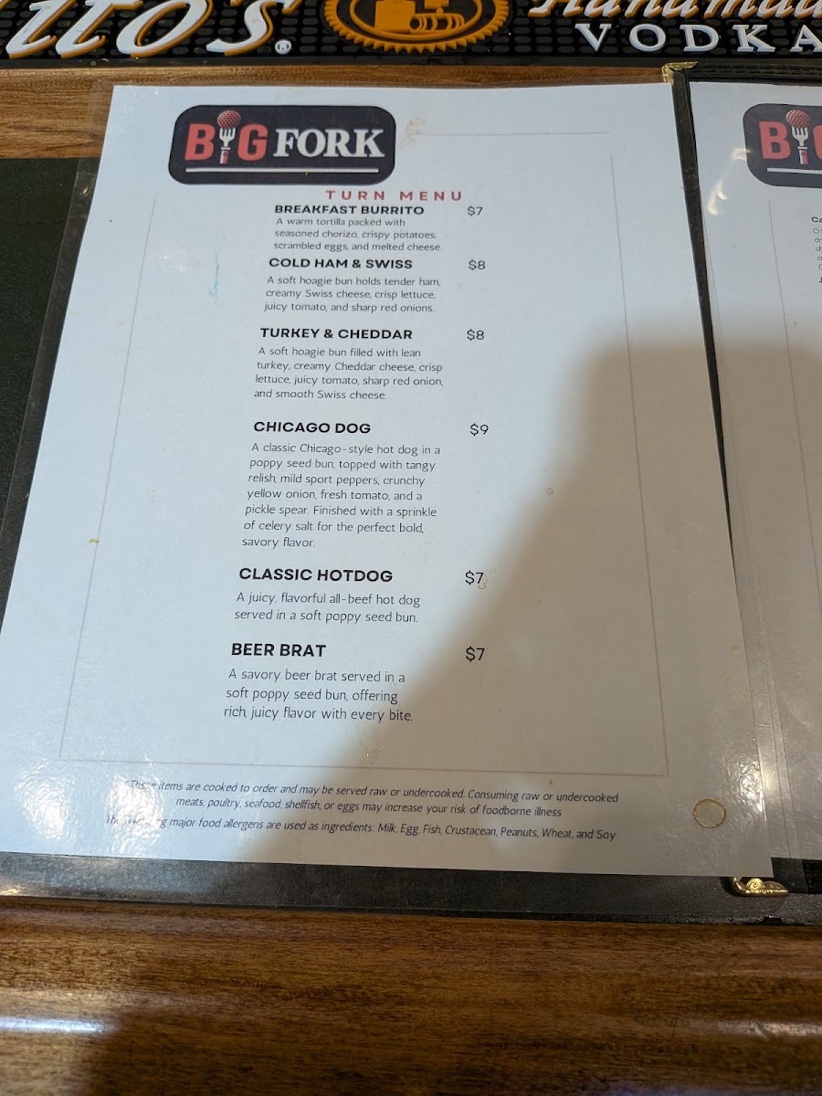 BIG FORK at Legacy Ridge menu board
