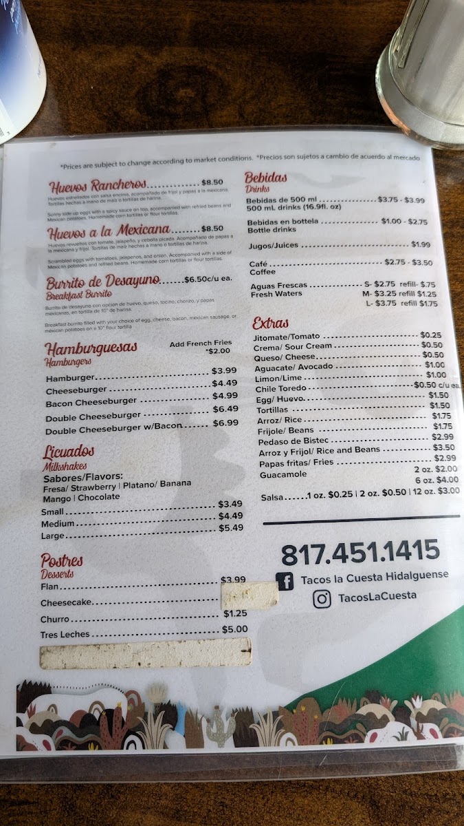 Tacos La Cuesta Hidalguense menu board