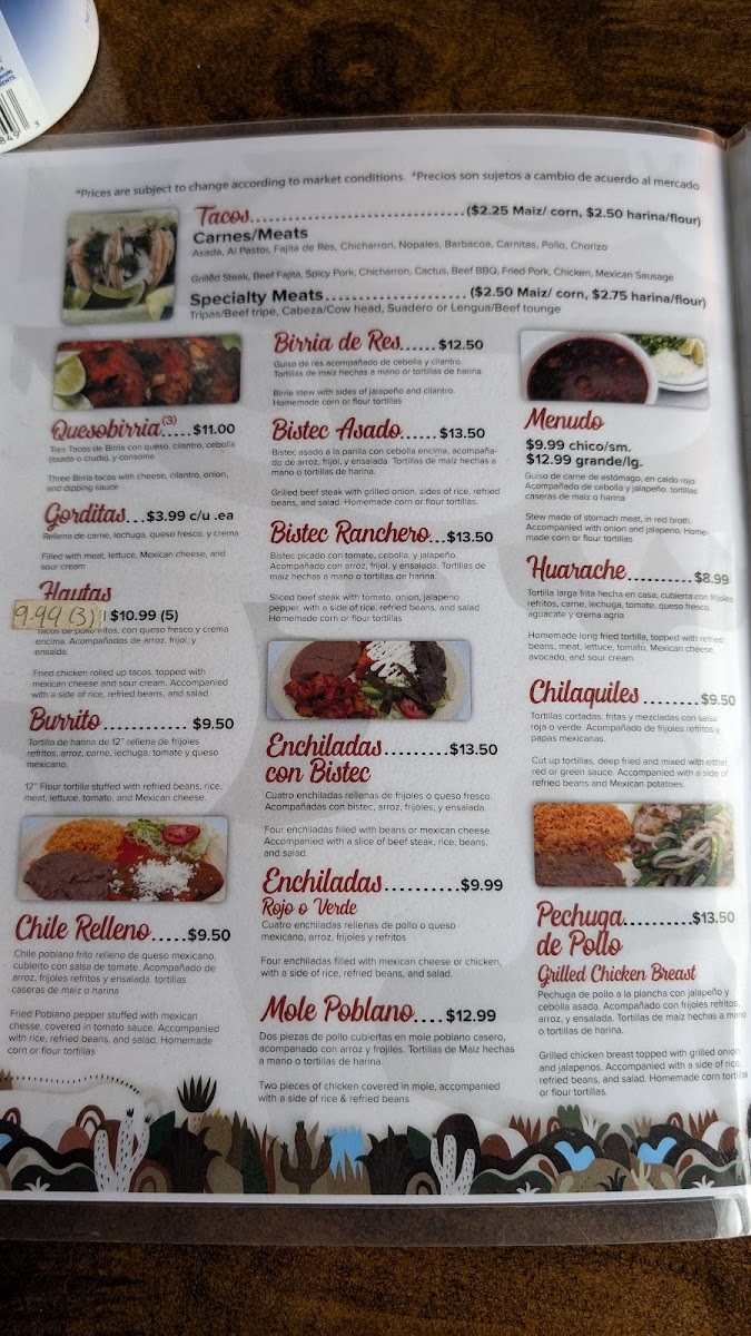 Tacos La Cuesta Hidalguense menu board