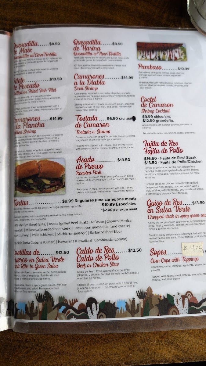 Tacos La Cuesta Hidalguense menu board