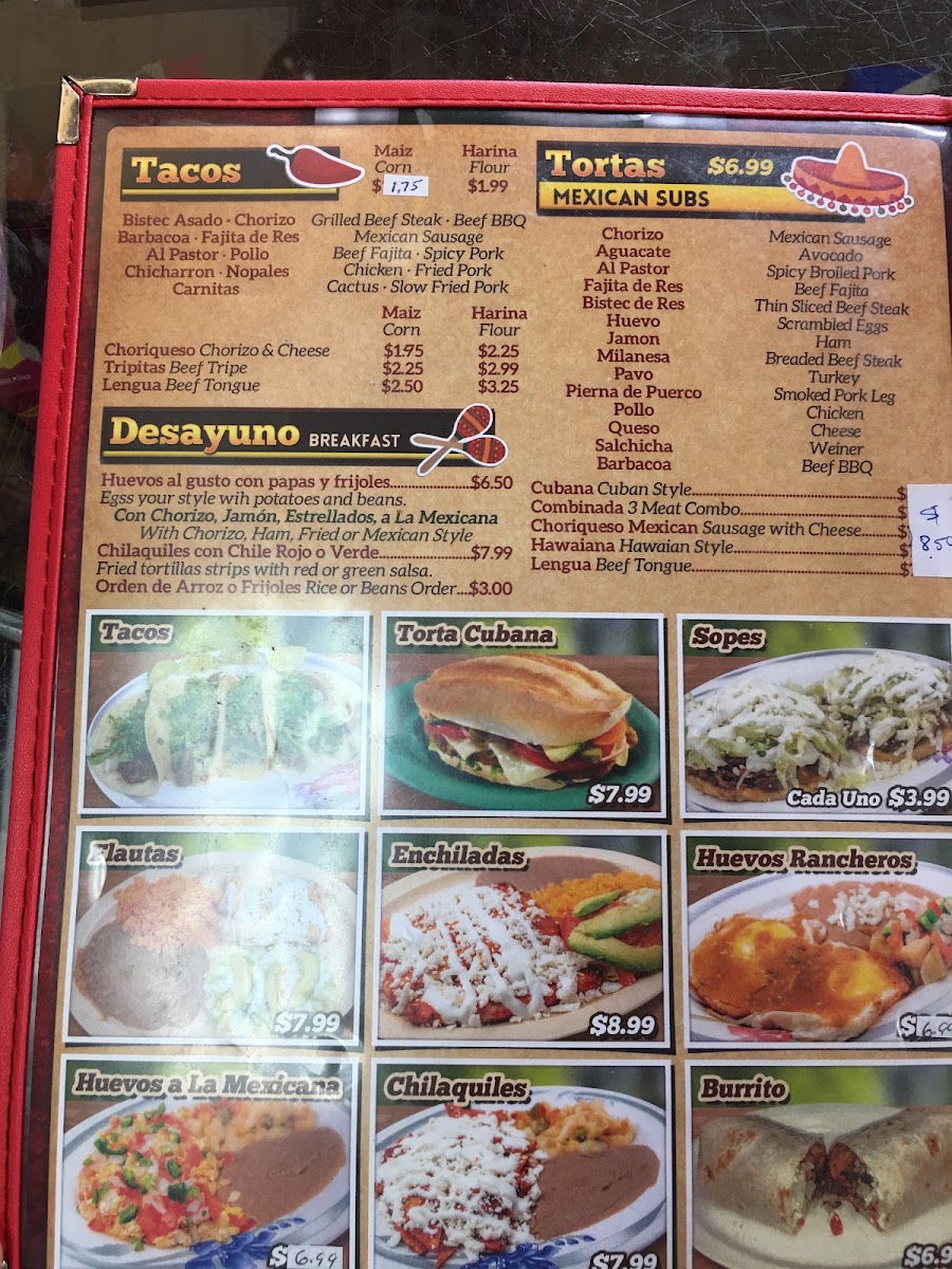 Tacos La Cuesta Hidalguense menu board