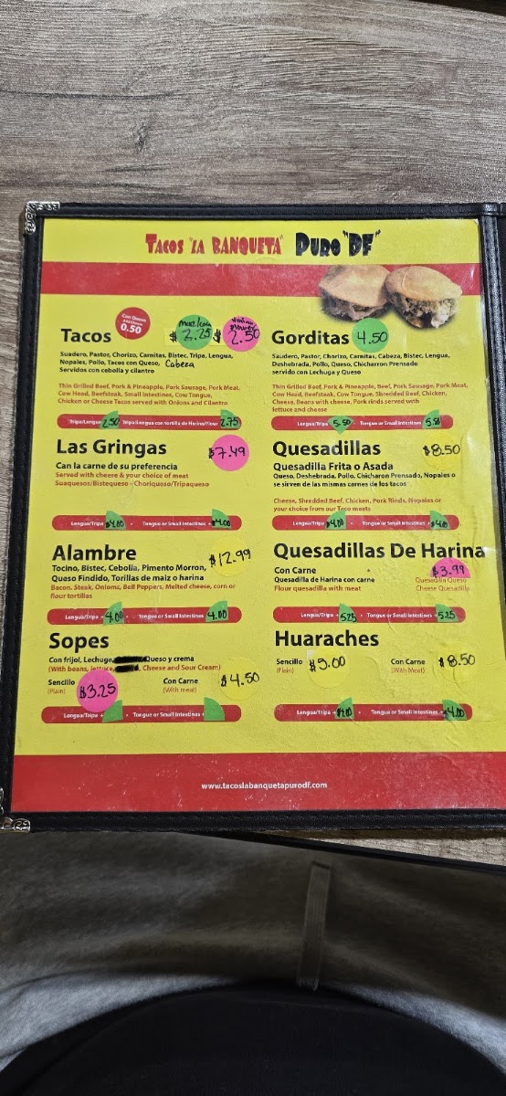 Tacos La Banqueta Puro DF menu board