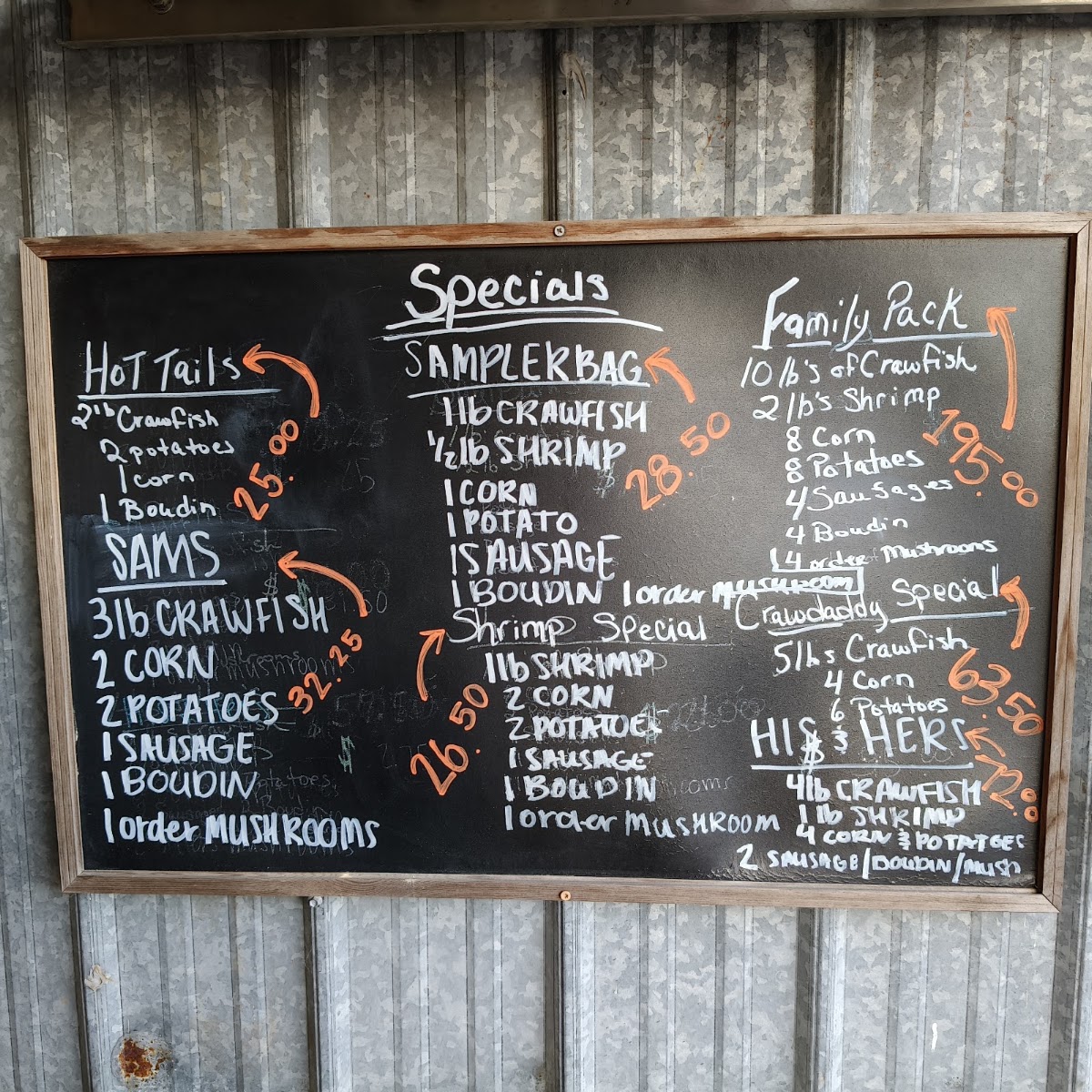 Hot Tails II Crawfish menu board