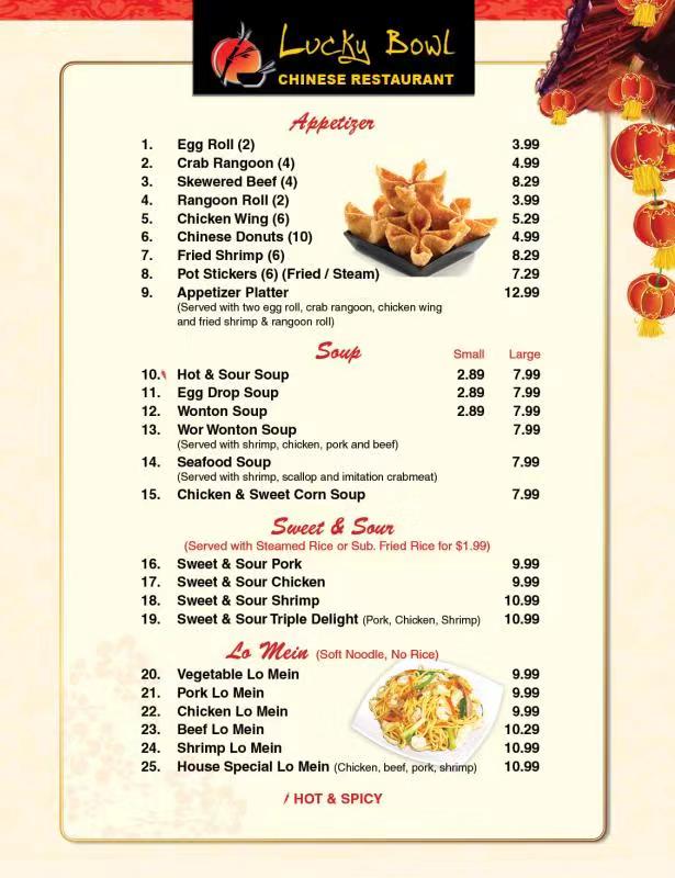 Lucky Bowl menu board