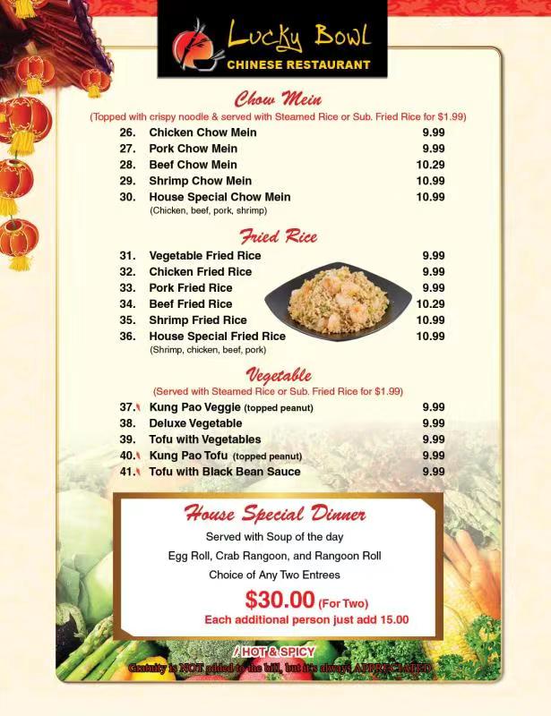 Lucky Bowl menu board