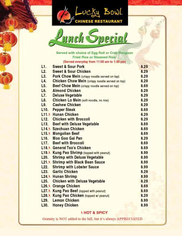 Lucky Bowl menu board