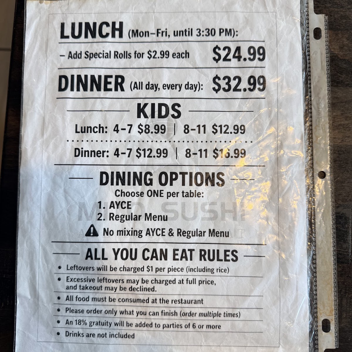 Mito sushi menu board