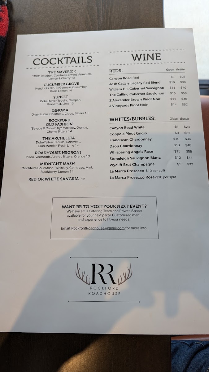Rockford Roadhouse menu board