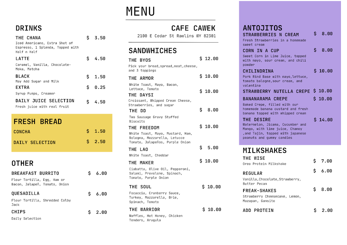 Cafe Cawek menu board
